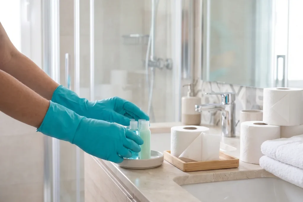 Reposición de amenities en el baño de un piso turístico tras la limpieza